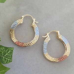 Gold Filled Tricolor Greek Key Curved Hoop Earrings